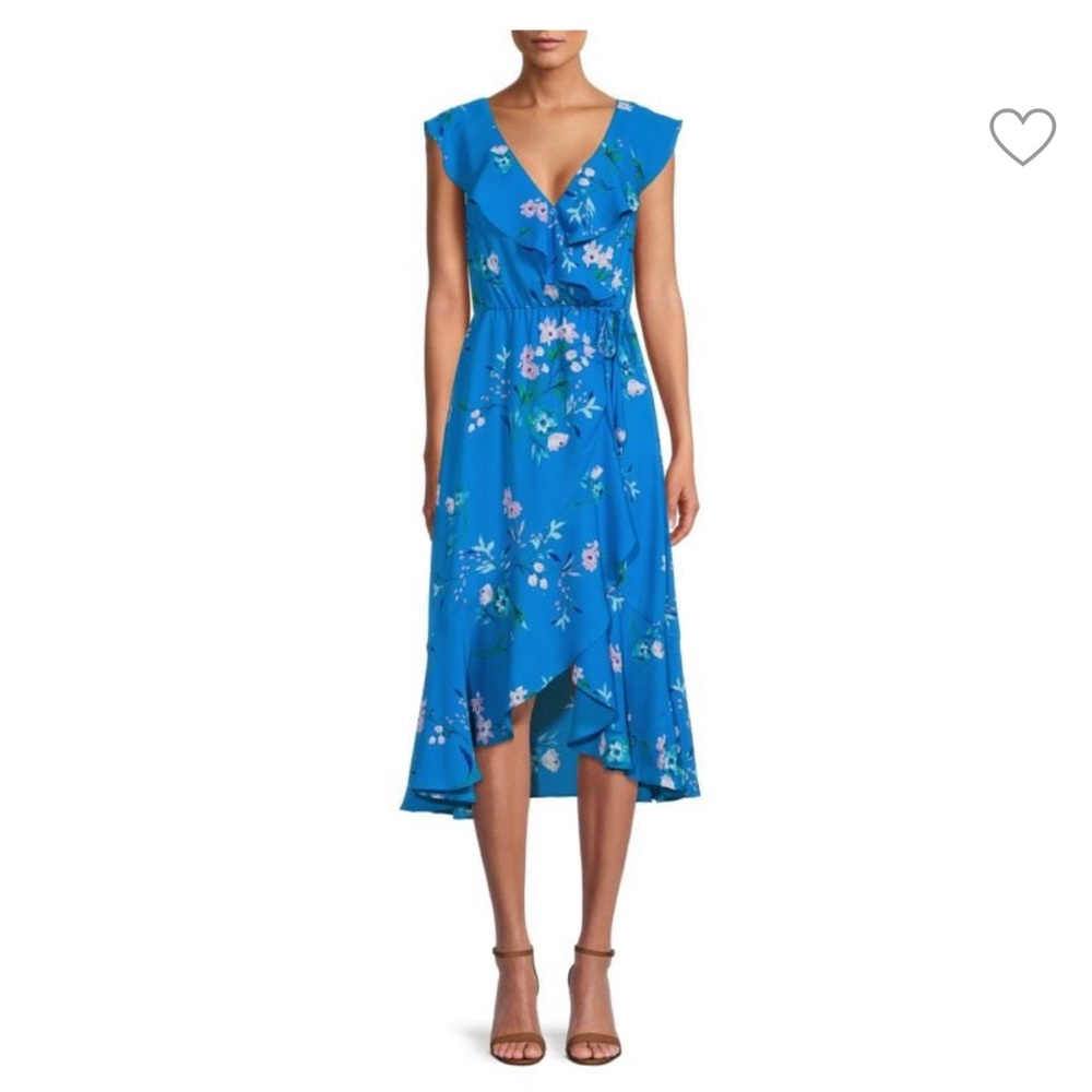 Socialite Blue Ruffle Print Wrap Midi Dress Cobalt Floral Size L NWT